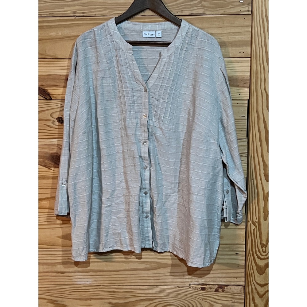 Kim Rogers Womens Button Up XXXL Linen Blend Boho Beach Roll Tab Beige Tunic 3X